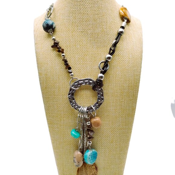 Long Artisan Bohemian-style Mixed Stone Statement Necklace Silver-tone Chain - Picture 2 of 10